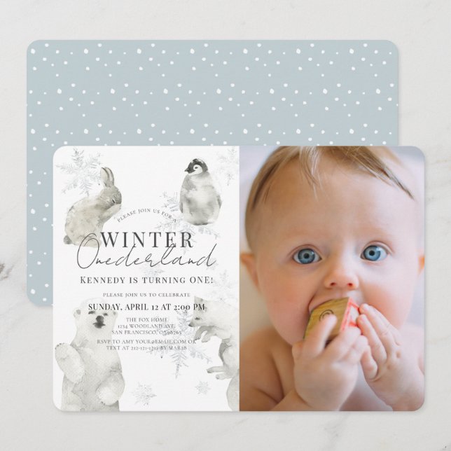 Invitación Winter Onederland Arctic Animals Boy 1er cumpleaño (Anverso / Reverso)