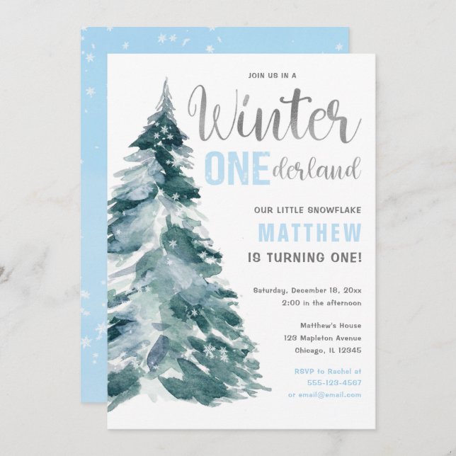Invitación Winter ONEderland azul plata boy primer cumpleaños (Anverso / Reverso)