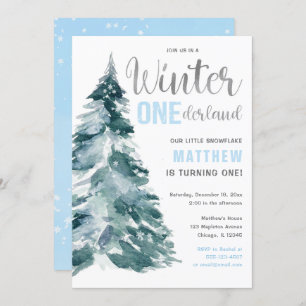 Invitación Winter ONEderland azul plata boy primer cumpleaños