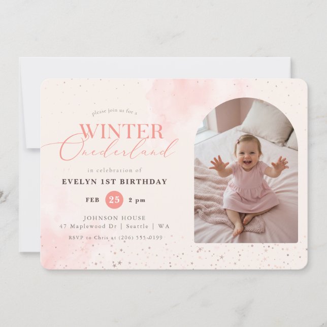 Invitación Winter Onederland Baby Arch Photo 1st Birthday (Anverso)