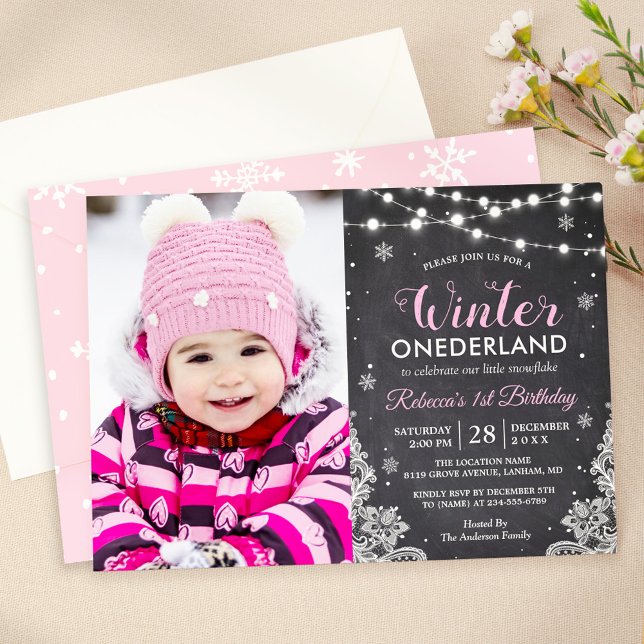 Invitación Winter ONEderland Baby Girl Primer cumpleaños Phot (Subido por el creador)