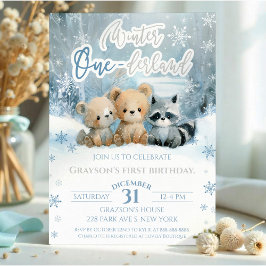 Invitación Winter Onederland Bear Baby Blue First Birthday
