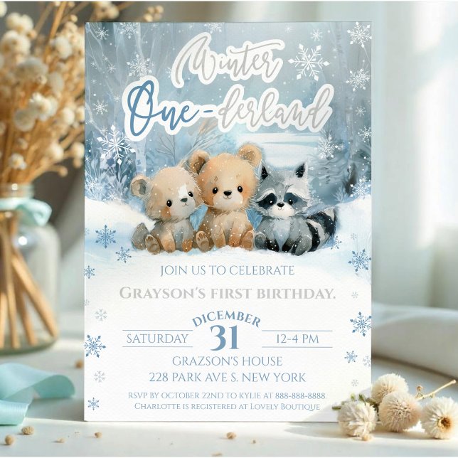 Invitación Winter Onederland Bear Baby Blue First Birthday (Subido por el creador)