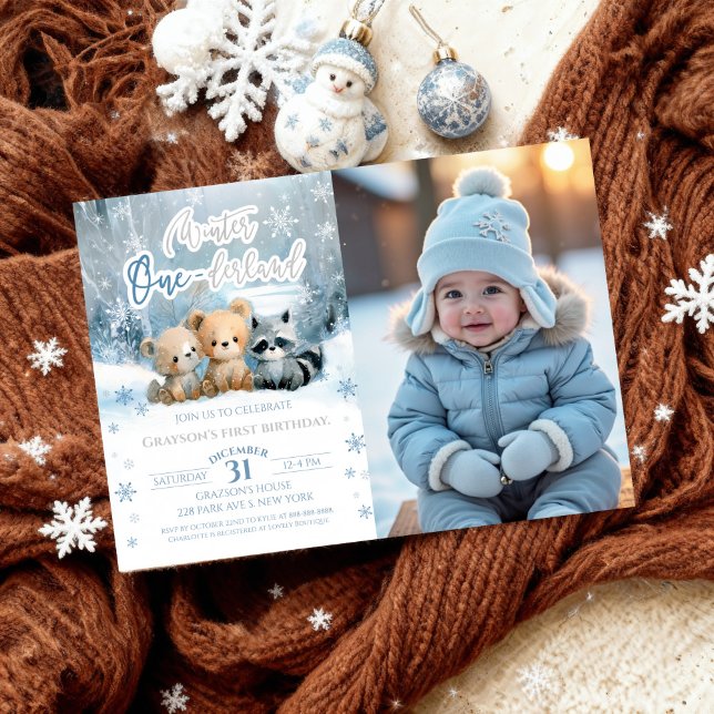 Invitación Winter Onederland Bear Blue First Birthday Photo (Subido por el creador)