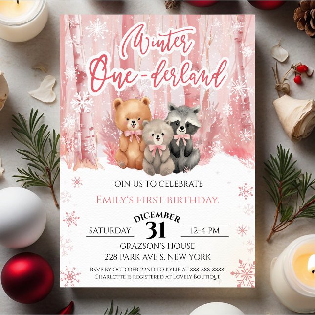 Invitación Winter Onederland Bear Pink First Birthday (Subido por el creador)