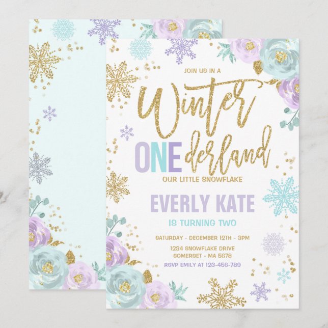 Invitación Winter ONEderland Birthday Gold Purple Snowflake (Anverso / Reverso)