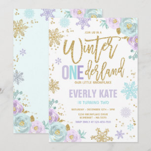 Invitación Winter ONEderland Birthday Gold Purple Snowflake