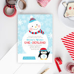 Invitación Winter ONEderland Birthday Snowman and Penguin<br><div class="desc">Winter wonderland "ONEderland" diseño de la primera invitación a la fiesta de cumpleaños presenta a un muñeco de nieve feliz con un gorra y una bufanda y un pingüino ártico lindo con el sombrero de Santa y el número "1" en su barriga saludando y tirando de una mancha en la...</div>