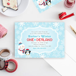 Invitación Winter ONEderland Birthday Snowman and Penguin