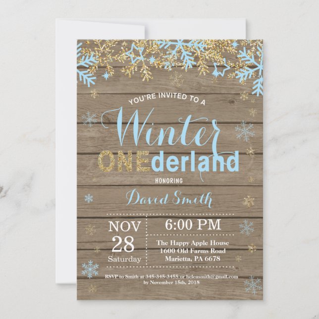Invitación Winter Onederland Blue and Gold Boy primer cumplea (Anverso)