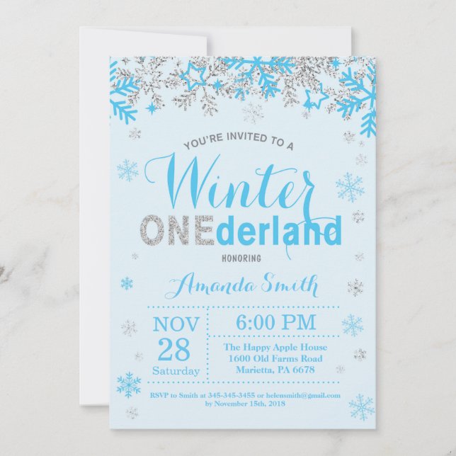 Invitación Winter Onederland Blue and Silver Boy primer cumpl (Anverso)