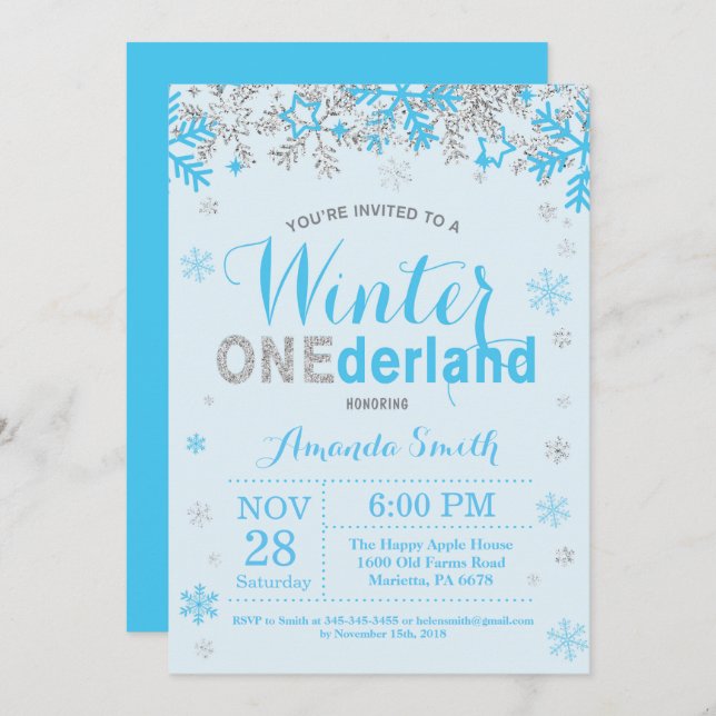 Invitación Winter Onederland Blue and Silver Boy primer cumpl (Anverso / Reverso)
