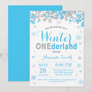Invitación Winter Onederland Blue and Silver Boy primer cumpl