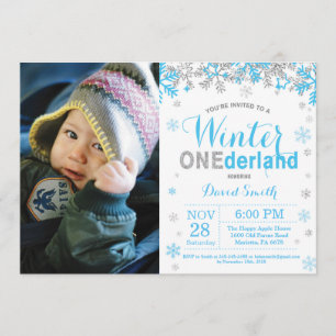 Invitación Winter Onederland Blue and Silver Boy primer cumpl