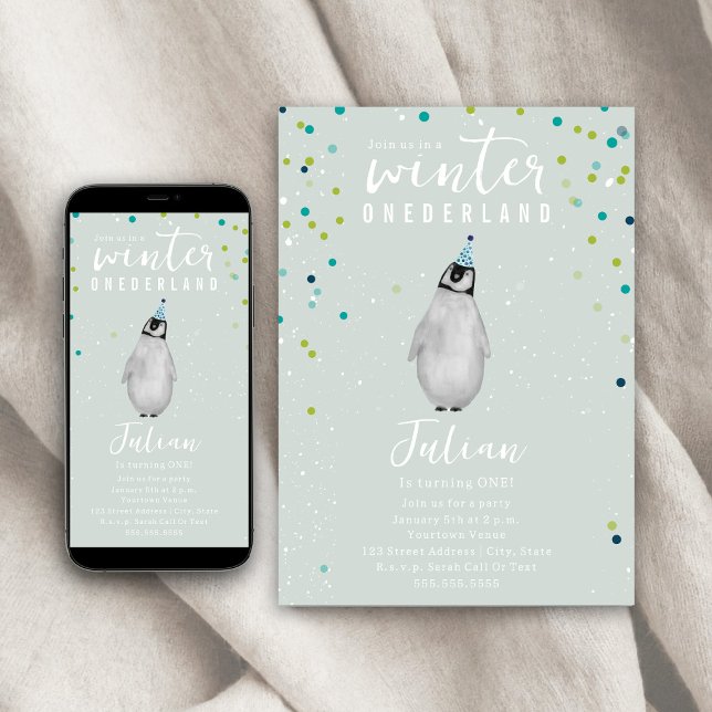 Invitación Winter Onederland Blue Birthday Penguin Confetti (Subido por el creador)