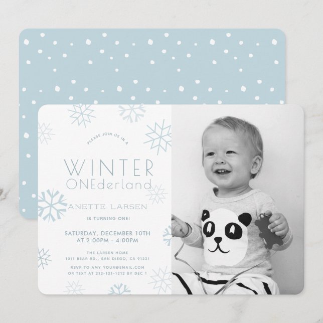 Invitación Winter Onederland Blue Photo 1er cumpleaños (Anverso / Reverso)