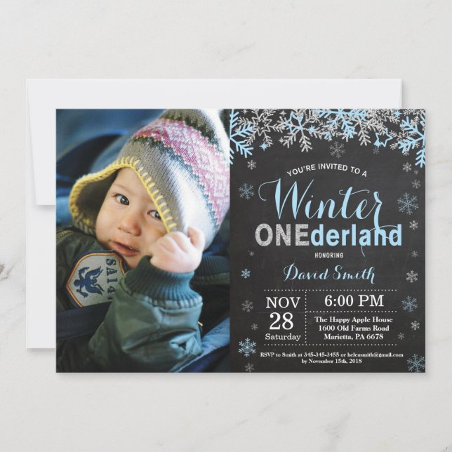 Invitación Winter Onederland Blue Silver Boy primer cumpleaño (Anverso)