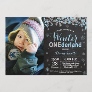 Invitación Winter Onederland Blue Silver Boy primer cumpleaño