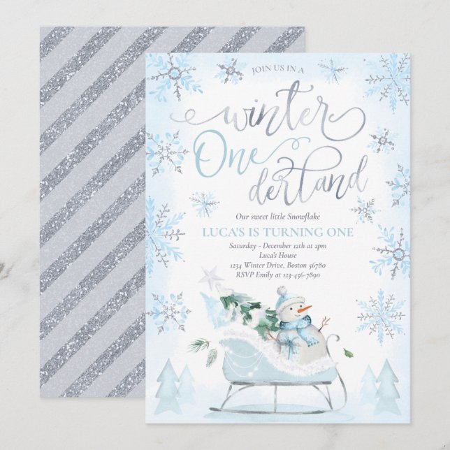 Invitación Winter ONEderland Blue Winter Sleigh 1er cumpleaño (Anverso / Reverso)