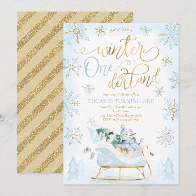Invitación Winter ONEderland Blue Winter Sleigh 1er cumpleaño (Anverso / Reverso)