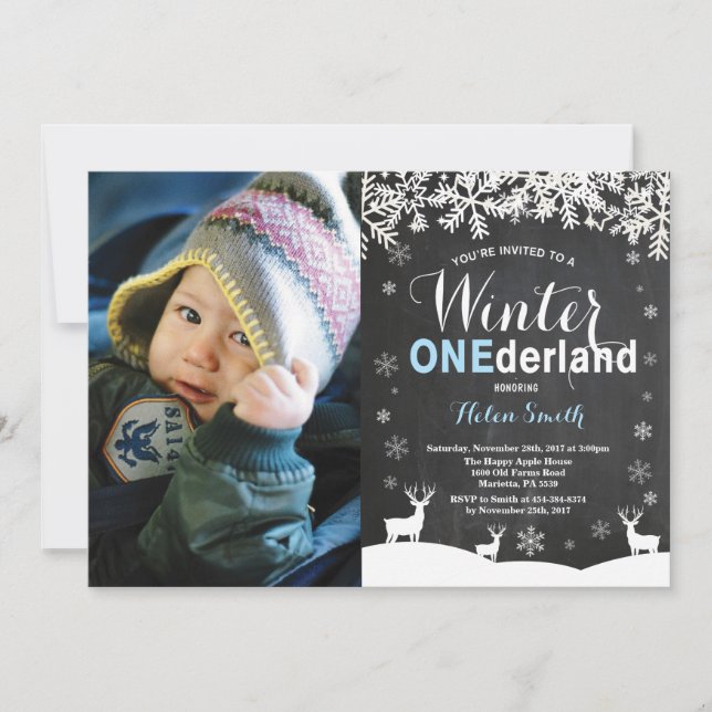 Invitación Winter Onederland Boy 1er cumpleaños foto (Anverso)