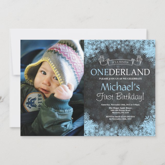 Invitación Winter Onederland Boy 1er cumpleaños foto (Anverso)