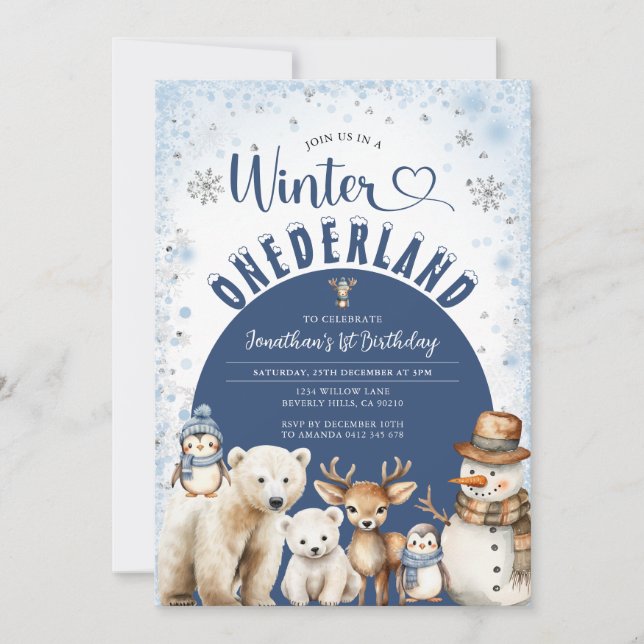Invitación Winter Onederland Boy 1st Birthday Arctic Animals (Anverso)