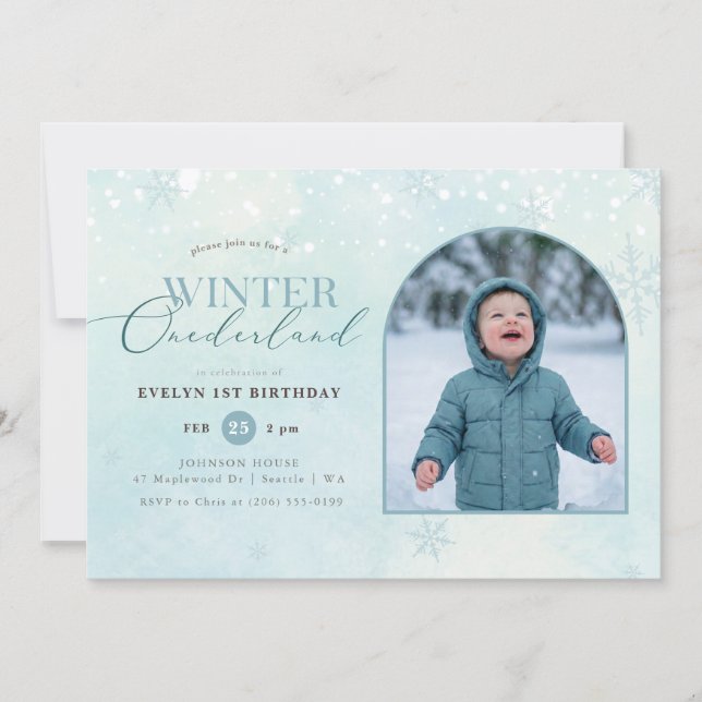 Invitación Winter Onederland Boy Girl Arch Photo 1st Birthday (Anverso)
