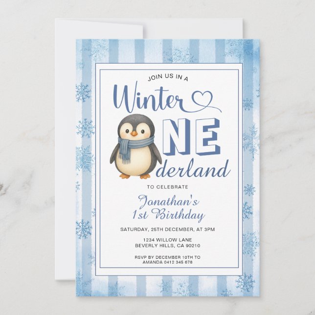 Invitación Winter Onederland Boy Penguin Birthday Snowflakes (Anverso)