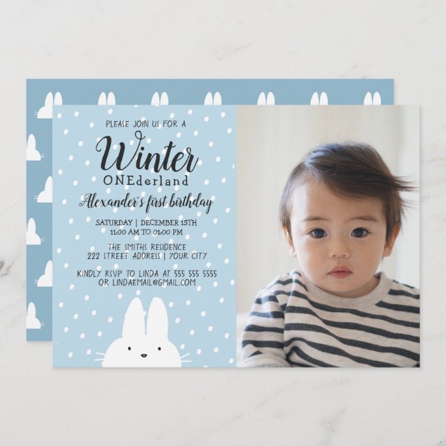 Invitación Winter ONEderland Boy Photo 1er cumpleaños azul (Anverso / Reverso)