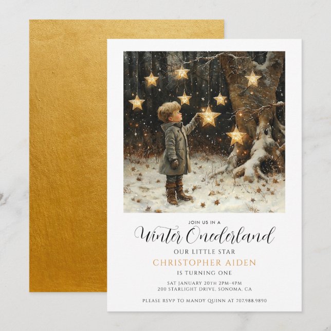 Invitación Winter ONEderland Boy primer cumpleaños (Anverso / Reverso)