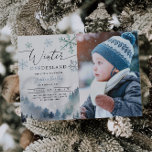 Invitación Winter ONEderland Boy primer cumpleaños<br><div class="desc">Carta de invitación para la fiesta de cumpleaños de un niño moderno con arte acuático de la montaña invernal con pinos con copos de nieve. El texto dice "Invierno en tierra firme". Perfecto para el primer cumpleaños de un niño en invierno. Añade tu imagen a este diseño.</div>