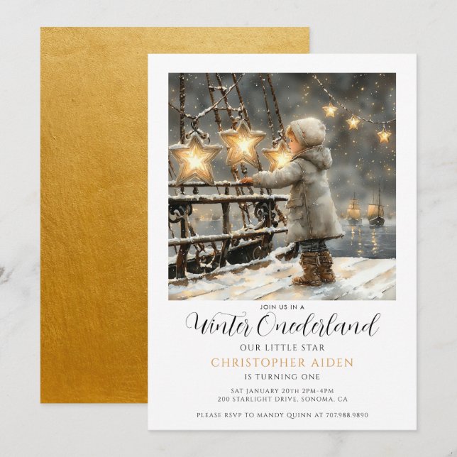 Invitación Winter ONEderland Boy primer cumpleaños (Anverso / Reverso)