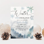 Invitación Winter ONEderland Boy primera montaña de cumpleaño<br><div class="desc">Carta de invitación para la fiesta de cumpleaños de un niño moderno con arte acuático de la montaña invernal con pinos con copos de nieve. El texto dice "Invierno en tierra firme". Perfecto para el primer cumpleaños de un niño en invierno.</div>