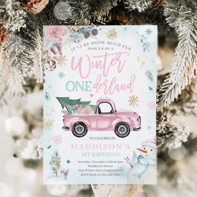 Invitación Winter ONEderland Camión de Invierno Rosa Fiesta d (Subido por el creador)