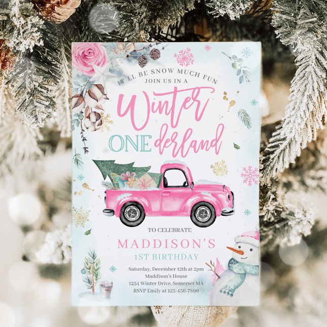 Invitación Winter ONEderland Camión de Invierno Rosa Fiesta d (Subido por el creador)