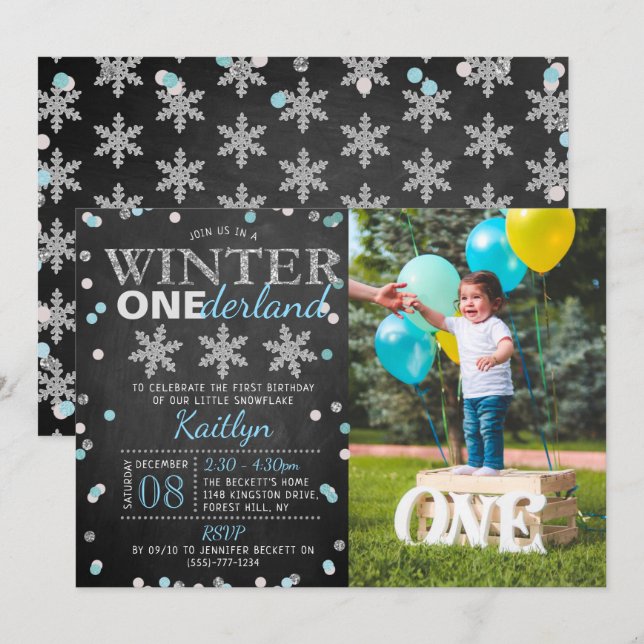 Invitación Winter ONEderland Chalkboard 1st Birthday Photo (Anverso / Reverso)