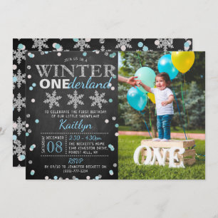 Invitación Winter ONEderland Chalkboard 1st Birthday Photo