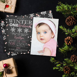 Invitación Winter ONEderland Chalkboard 1st Birthday Photo