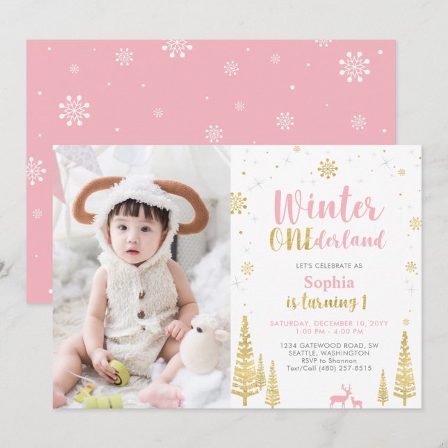 Invitación Winter Onederland, Chica 1ª foto Cumpleaños (Anverso / Reverso)