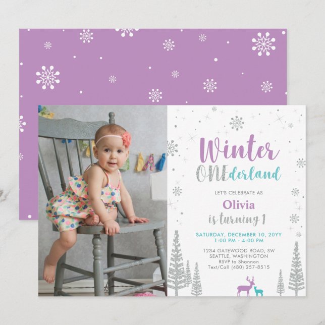 Invitación Winter Onederland, Chica 1ª foto Cumpleaños (Anverso / Reverso)