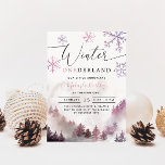 Invitación Winter ONEderland Chica 1er cumpleaños<br><div class="desc">Carta de invitación a la fiesta de cumpleaños de los chicas modernos con arte acuático de la montaña invernal con pinos con copos de nieve. El texto dice "Invierno en tierra firme". Perfecto para un primer cumpleaños de chica en invierno.</div>