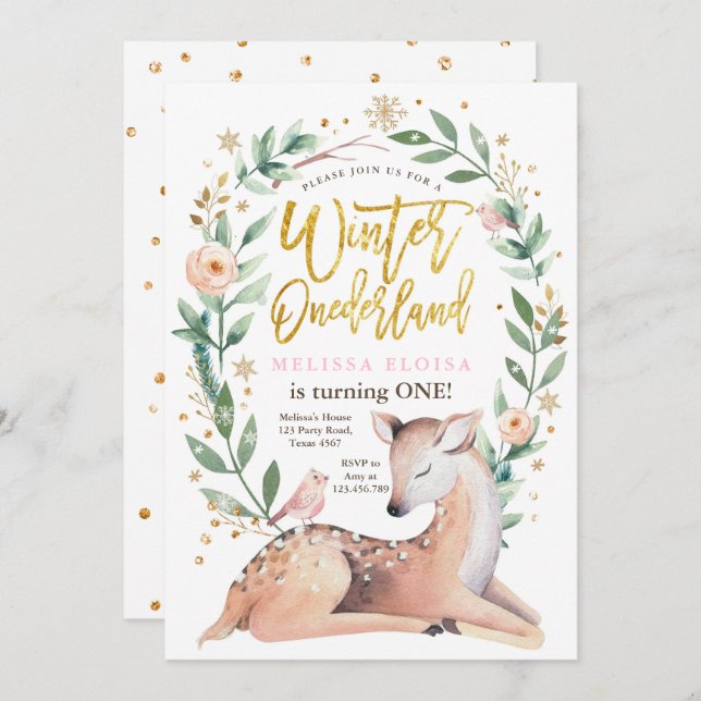 Invitación Winter ONEderland Chica de oro rosado cumpleaños (Anverso / Reverso)