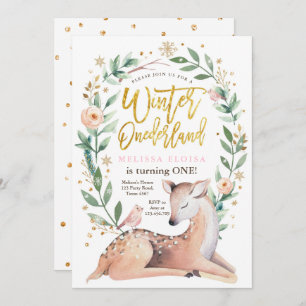 Invitación Winter ONEderland Chica de oro rosado cumpleaños