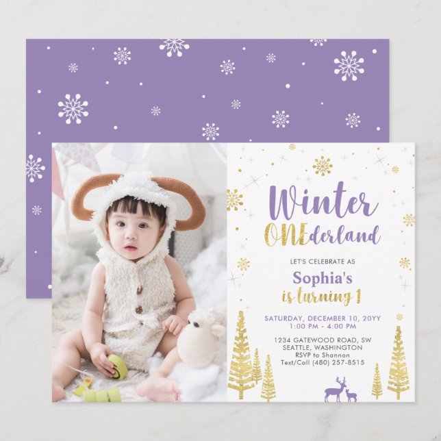 Invitación Winter Onederland, Chica Purple 1ª foto Cumpleaños (Anverso / Reverso)