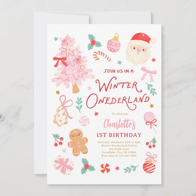 Invitación Winter Onederland Christmas 1st Birthday Party (Anverso)