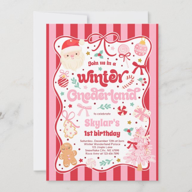 Invitación Winter Onederland Christmas Coquette Bow Birthday (Anverso)