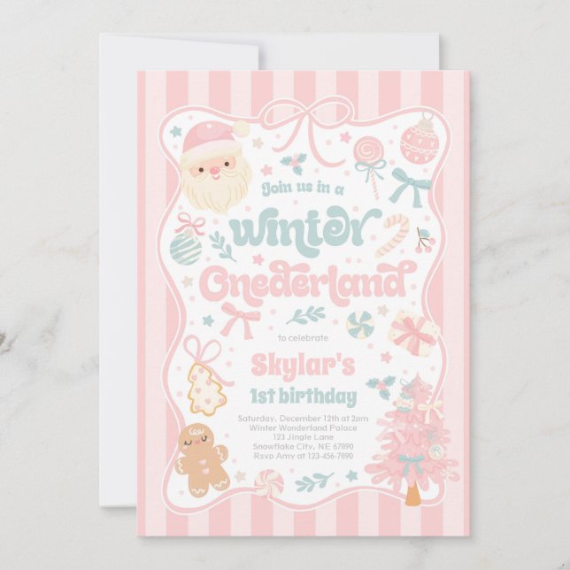 Invitación Winter Onederland Christmas Coquette Bow Birthday (Anverso)