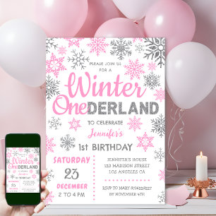 Invitación Winter Onederland   Copo de nieve rosa Primer cump