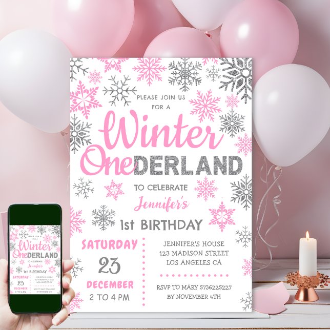 Invitación Winter Onederland | Copo de nieve rosa Primer cump (Subido por el creador)